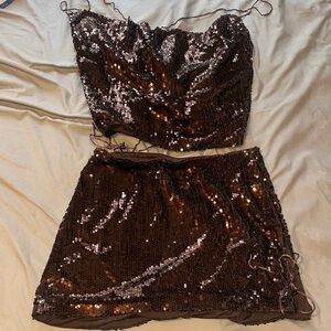 Fashion Nova Shimmering Brown Sequin Top Skirt Set